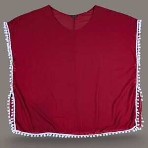 In'Voland Red Sheer Coverup with Pompoms - one size